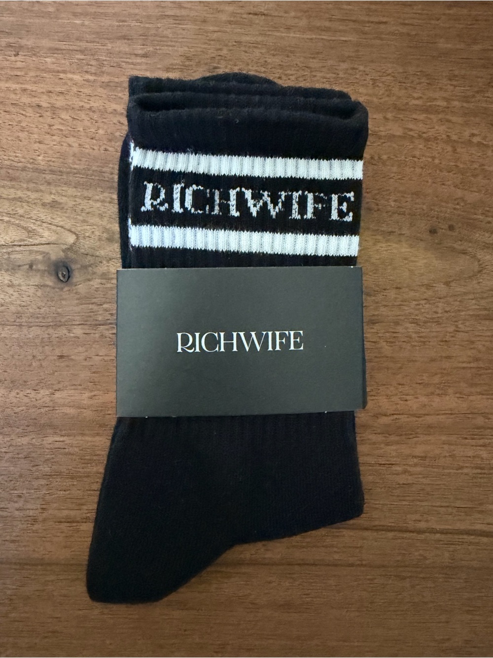 Richwife Black Crew Socks with White Stripes